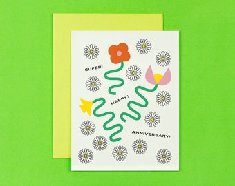 Super! Happy! Anniversary! Anniversary Card • Squiggle Daisy Floral Greeting Card • by @mydarlin_bk