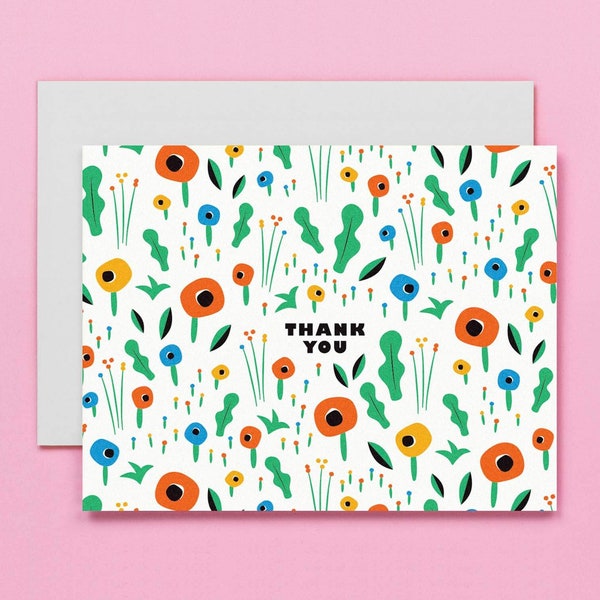 Poppy Field Floral Pattern Thank You Card or Thank You Card Set • by @mydarlin_bk