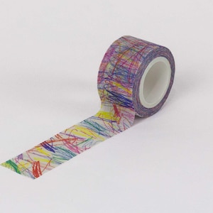 May include: A roll of decorative washi tape with a colourful scribbled design. The tape features a pattern of overlapping lines in various colours, including purple, yellow, red, and blue. The tape is unrolled, showing the pattern extending from the roll.