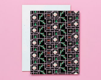 Holiday Illusion • Optical Illusion Blank Pattern Holiday Card or Card Set with Holly, Berries, Bows, Stars, Christmas Trees, & Peppermints