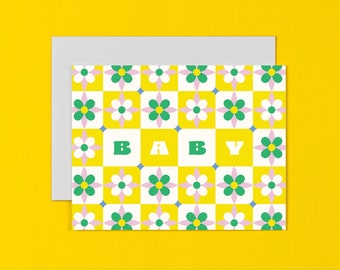 Baby Tiles • Pink or Yellow Floral Spanish Tiles Pattern New Baby Card • by @mydarlin_bk