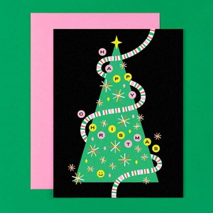 Happy Tree Christmas Card or Card Set Smiley Face Christmas Tree Card or Set of 8 Holiday Cards by mydarlin_bk image 1