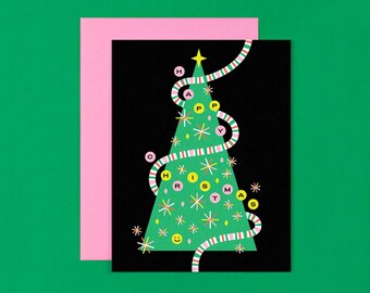 Happy Tree Christmas Card or Card Set • Smiley Face Christmas Tree Card or Set of 8 Holiday Cards • by @mydarlin_bk