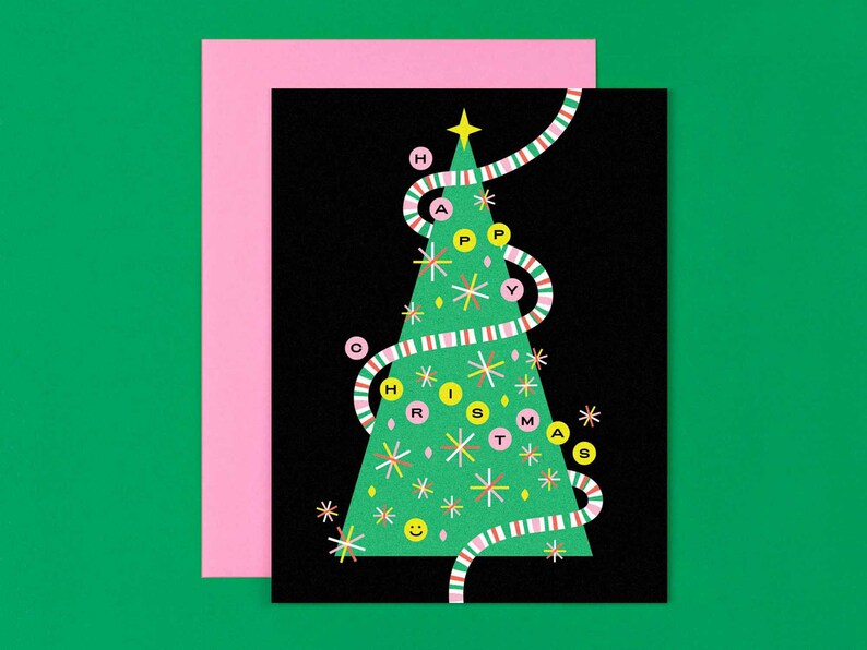 Happy Tree Christmas Card or Card Set Smiley Face Christmas Tree Card or Set of 8 Holiday Cards by mydarlin_bk image 1
