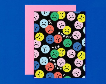 Je suis désolé, veuillez pardonner ? • Carte d'excuses aux visages tristes, carte d'excuses arc-en-ciel avec motif emoji triste • par @mydarlin_bk