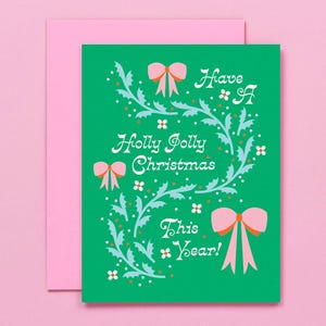 Holly Jolly Christmas Card • Holly and Bows Christmas Card or Set of 8 Holiday Cards • by @mydarlin_bk