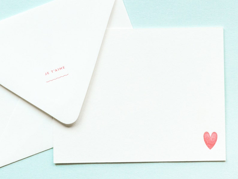 Je T'aime Notevelope Valentines Day Card Anniversary Card Love Card I Love You Letterpress Notecards Heart Cards Printed Envelopes image 1