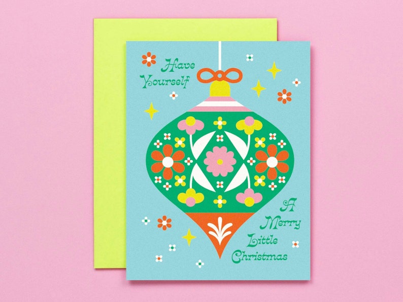 Carte de Noël ou jeu de cartes joyeux petit ornement • Joyeux Noël • Cartes de Noël florales rétro • par @mydarlin_bk image 1