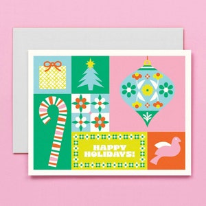 Tarjeta de Felices Fiestas con Bloques de Vacaciones • Tarjeta festiva con ilustraciones coloridas en bloques de colores o juego en caja de 8 tarjetas navideñas • por @mydarlin_bk