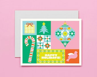 Holiday Block Happy Holidays Card • Colorful Illustrated Colorblock Holiday Card or Boxed Set of 8 Cards • by @mydarlin_bk