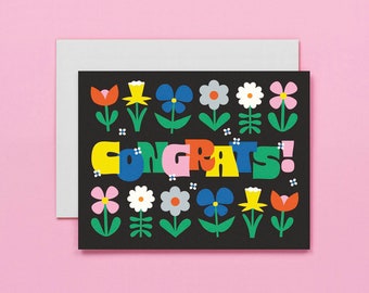 Celebration Garden • Typographic Retro Flowers Congrats Card • by @mydarlin_bk