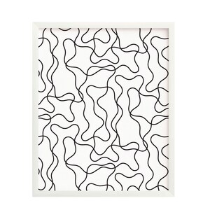 May include: A black and white abstract print with a white frame. The print features a pattern of wavy lines.