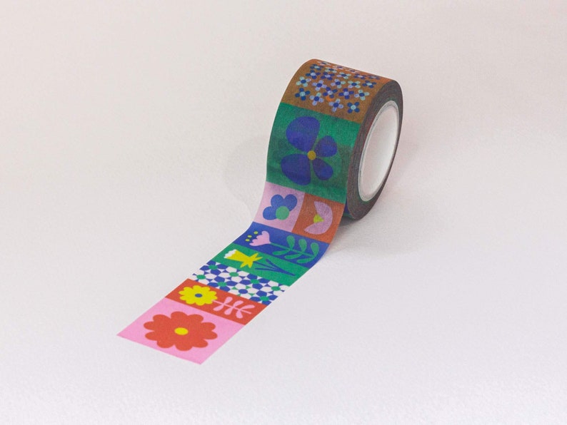 Flowerblock 25mm Colorblock Flowers Wide Washi Tape Cute and Colorful Floral Decorative Tape Gift Wrap Tape by mydarlin_bk image 2