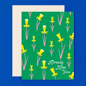 Narcisos chegando • Cartão de saudades, Cartão de saudades floral retrô