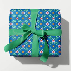 Cottage in the Woods (blue) Wrapping Paper, Blue Retro Floral Pattern Gift Wrap • by @mydarlin_bk