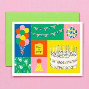 Birthday Block • Colorblock Geburtstagskarte, Illustrierte Geburtstagskarte mit Streuselkuchen, Discokugel, Luftballons und Partyhut