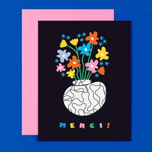 Squiggly Merci Flower Vase French Thank You Card or Thank You Card Set • by @mydarlin_bk