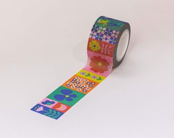 Flowerblock 25mm Colorblock Flowers Wide Washi Tape • Cute and Colorful Floral Decorative Tape • Gift Wrap Tape • by @mydarlin_bk