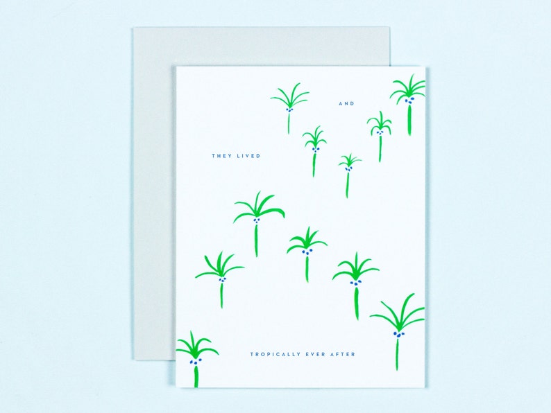 Illustrated Palm Trees Wedding Congrats Card, Anniversary Card, Valentines Day Card, Love Card, Wedding Card, Tropically Ever After Card image 1