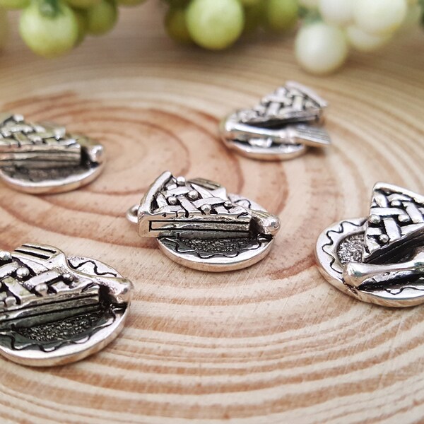 3 Antiqued Silver 3-D Pie on a Plate with a Fork Charm | Supernatural | Detailed Charm | Chunky Charm | 2101