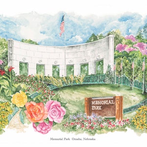 May include: A watercolor painting of a white building with a curved facade and six windows. The building is surrounded by a green fence and lush greenery, including a variety of flowers and a sign that reads "Memorial Park".