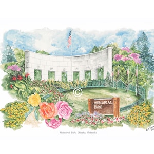 May include: A watercolor painting of a memorial park in Omaha, Nebraska. The park features a white, curved building with a green fence and a sign that reads "Memorial Park". The park is surrounded by lush greenery and colorful flowers.