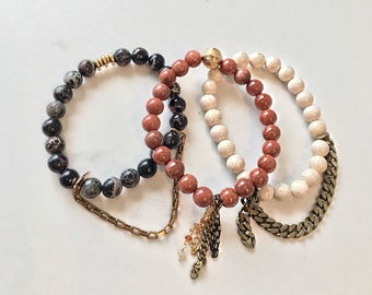 Beaded Stackable Stretch Bracelets with Raw Brass and Gold Filled Findings