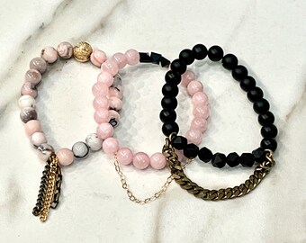 Beaded Stackable Stretch Bracelets in Pink and Black with Raw Brass and Gold Filled Accents