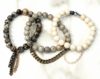 Beaded Stackable Stretch Bracelets with Chains in Shades of Brown and Grey with Swarovski Crystals, Brass and Gold Filled Accents