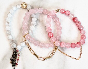 Beaded Stackable Stretch Bracelets with Chains in Shades of Pink