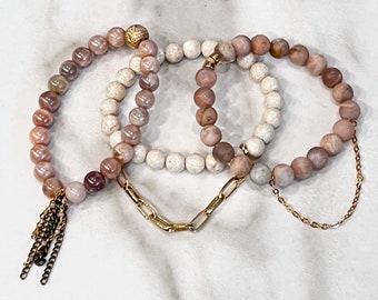 Beaded Stackable Stretch Bracelets in a Pinks with Chains AND gold Filled Details