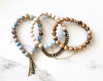 Beaded Stackable Stretch Bracelets with Chains in Green/Blue. Lt. Blue, Cream & Brown