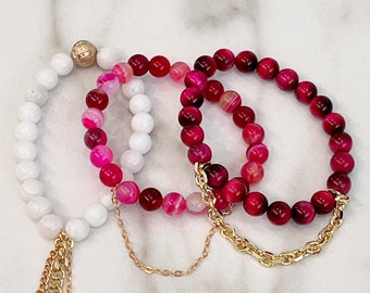 Beaded Stackable Stretch Bracelets with Chains in Hot Pink