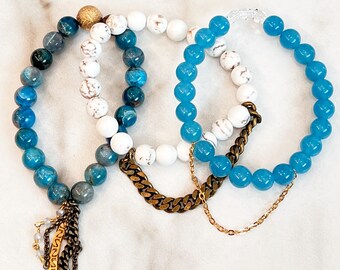 Beaded Stackable Stretch Bracelets with Chains And Swarovski Crystals in Shades of Teal
