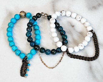 Beaded Stackable Stretch Bracelets with Chains in Turquoise and Pyrite