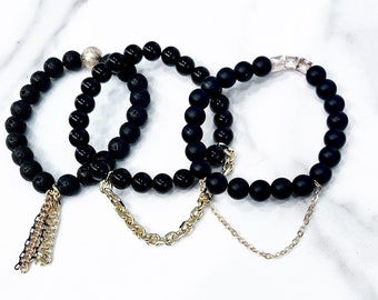 Beaded Stackable Stretch Bracelets with 14k Gold Filled Chains in Shades of Black