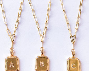 Small Paperclip Necklace with Pave Alphabet Initial Charm Gold Filled