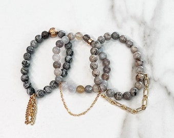 Beaded Stackable Stretch Bracelets with Chains in Shades of Grey with gold filled chains