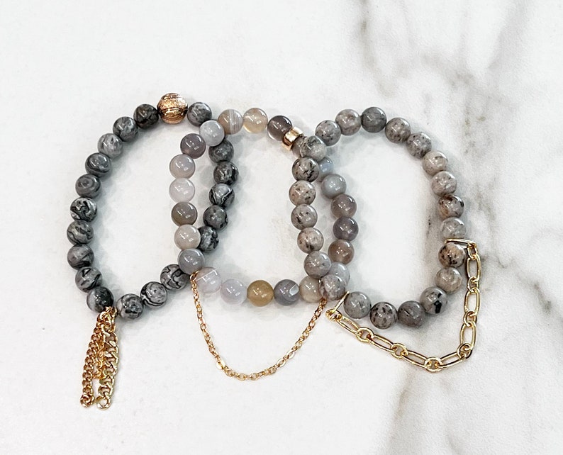 Beaded Stackable Stretch Bracelets with Chains in Shades of Grey with gold filled chains image 1