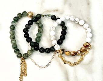 Beaded Stackable Stretch Bracelets in Shades of Green with Brass, Swarovski, and Gold Filled Accents