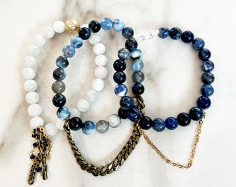 Beaded Stackable Stretch Bracelets with Chains in Navy and White with Swarovski Beads