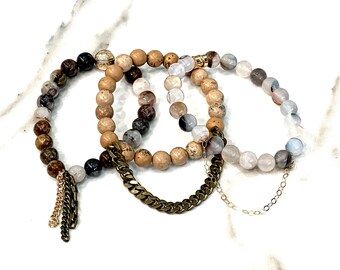 Beaded Stackable Stretch Bracelets with Chains in Shades of Brown with Brass and Gold Filled Accents