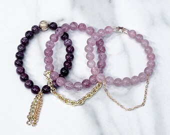 Beaded Stackable Stretch Bracelets with Chains and Gold Filled Elements in Shades of Burgundy