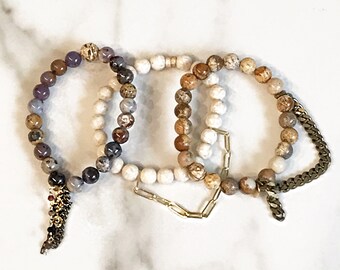 Beaded Stackable Stretch Bracelets with Chains in Brown, Cream, and Multi Color