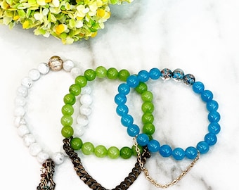 Beaded Stackable Stretch Bracelets with Chains in Green, Blue, and White