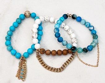 Beaded Stackable Stretch Bracelets with Chains in Shades of Turquoise with all gold filled chains