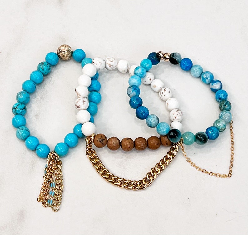 Beaded Stackable Stretch Bracelets with Chains in Shades of Turquoise with all gold filled chains image 1