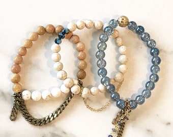 Beaded Stackable Stretch Bracelets with Chains in Shades of Blue