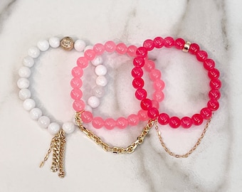 Beaded Stackable Stretch Bracelets with Gold Filled Chains in Shades of Pink
