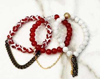 Fall Beaded Stackable Stacked Stretch Bracelets with Chains and Accents in Burnt Orange